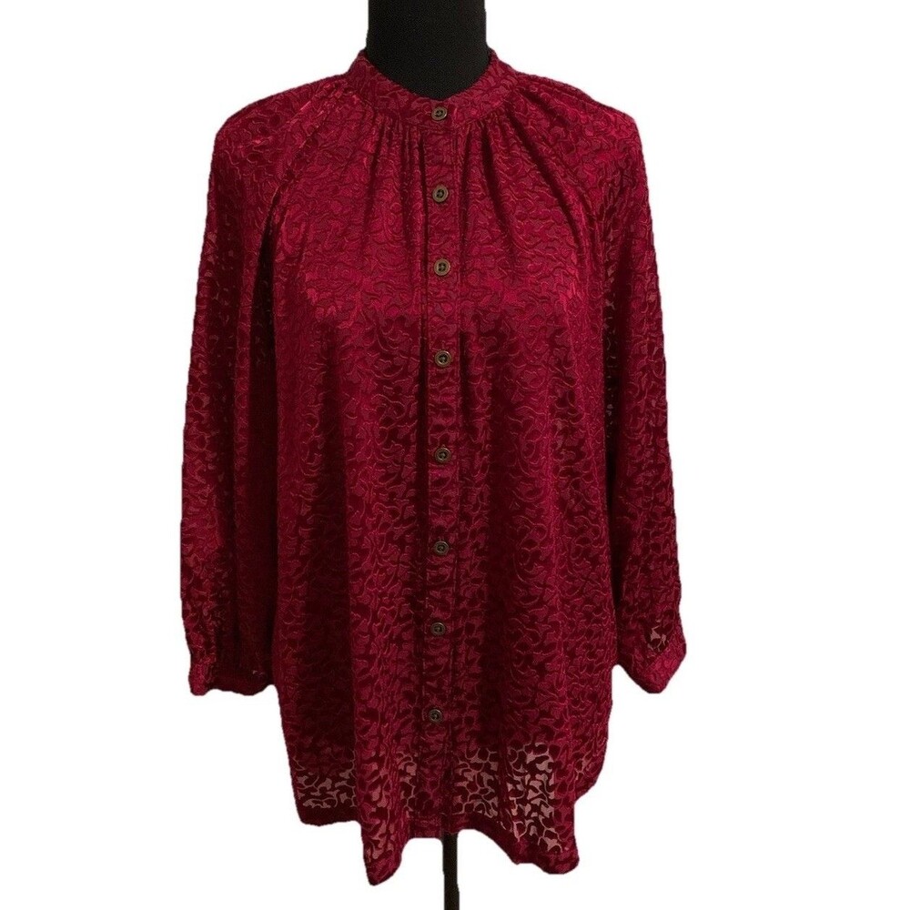 by Anthropologie Size Large Top Susanna Floral Velvet Burnout Maroon Semi Sheer